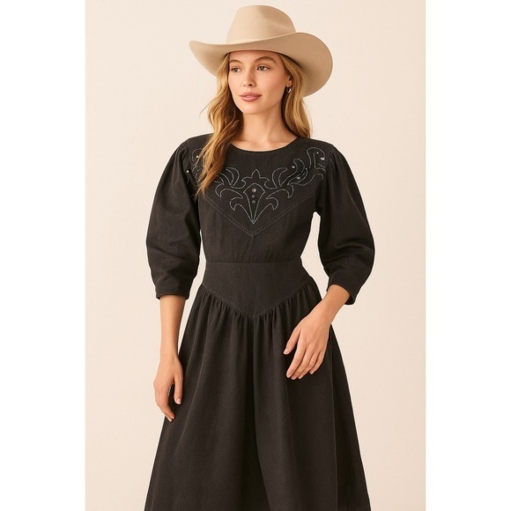 PG Collections Western Style Black Denim Dress with‎ White Embroidery Size 10